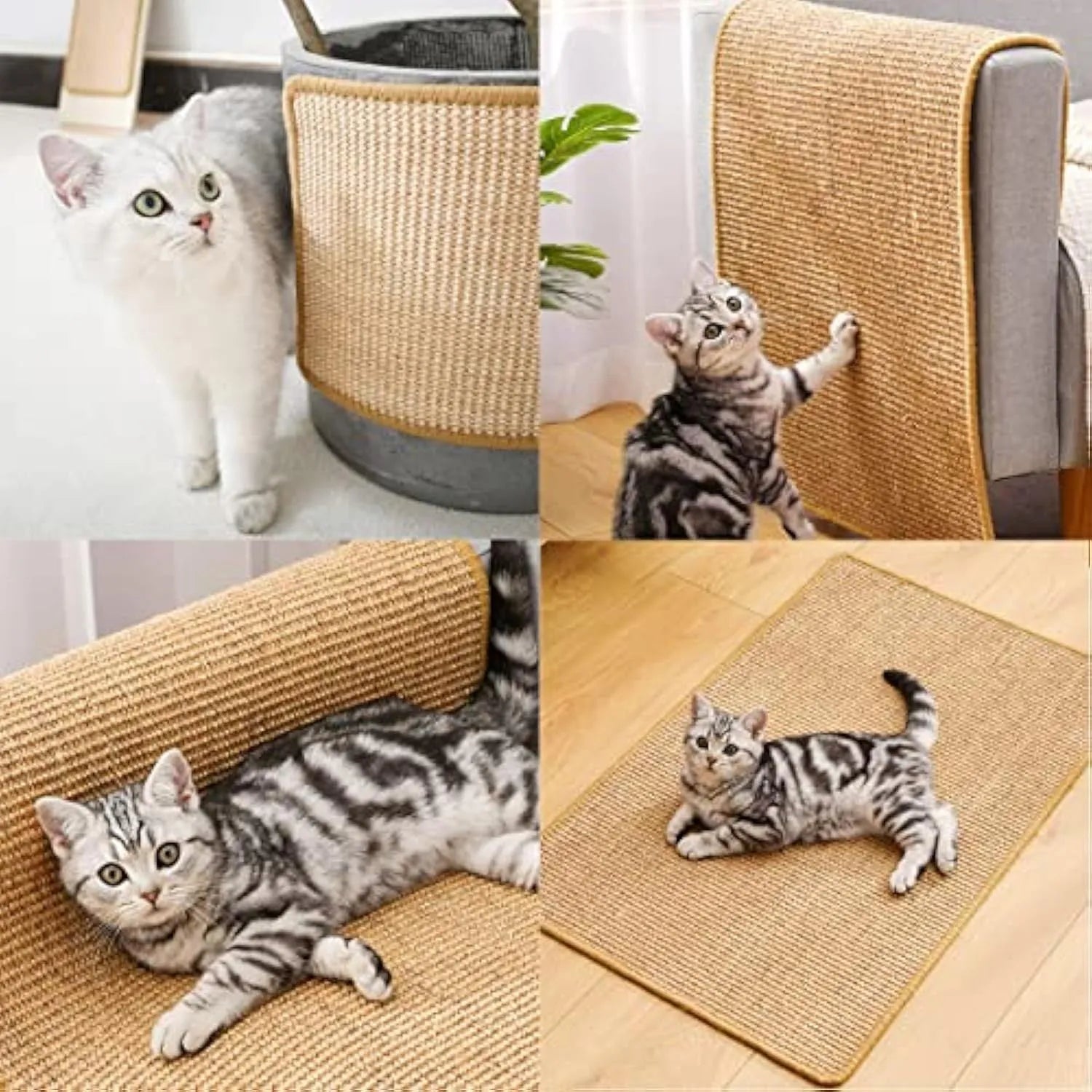 Natural sisal cat scratch pad with adhesive hook and loop tape for indoor cats, 23.6x15.7 inch standard size