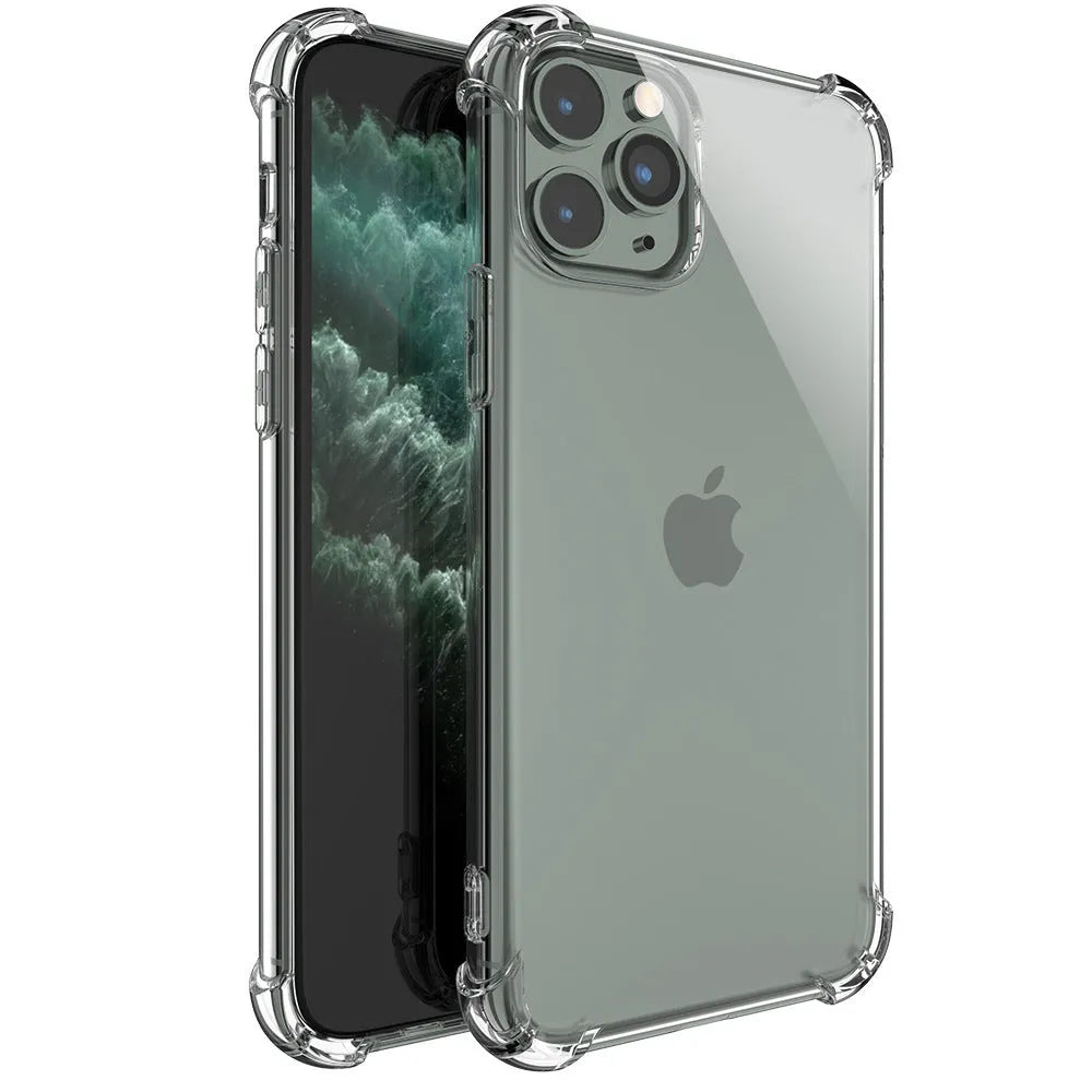 Clear transparent TPU shockproof phone case for Apple iPhone models 6 through 13 Pro Max.