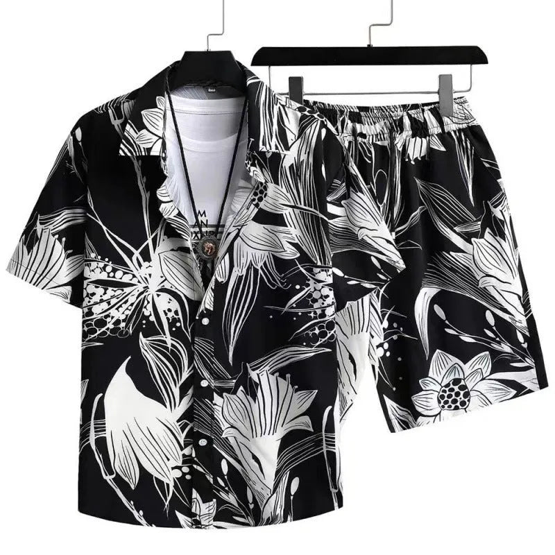 Man wearing a digitally printed short sleeve cardigan and matching shorts from a casual suit set.