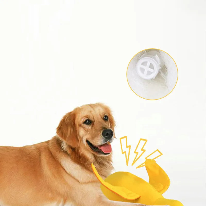 Yellow teddy dog toy with duck attachment and sound module for training and teeth stimulation