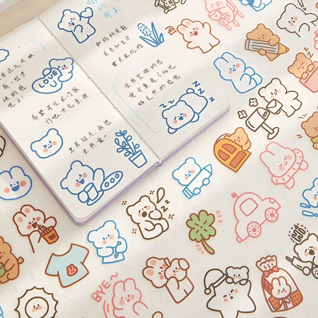 Morning Foam PET sticker pack with 40 pieces featuring bear and rabbit designs on white backing sheet