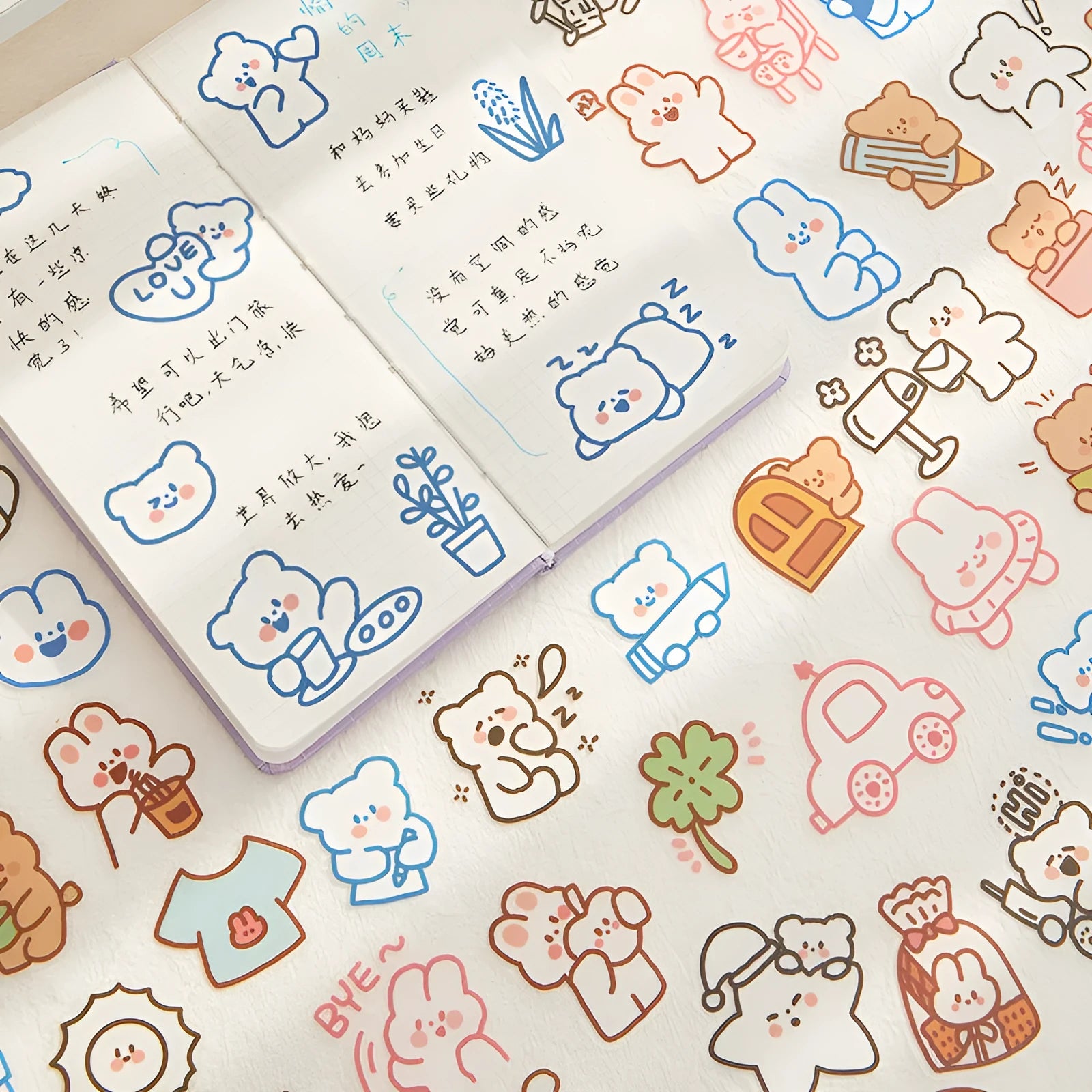 Morning Foam PET sticker pack with 40 pieces featuring bear and rabbit designs on white backing sheet