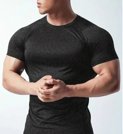Men's black quick-drying stretch polyester short sleeve T-shirt on a hanger.
