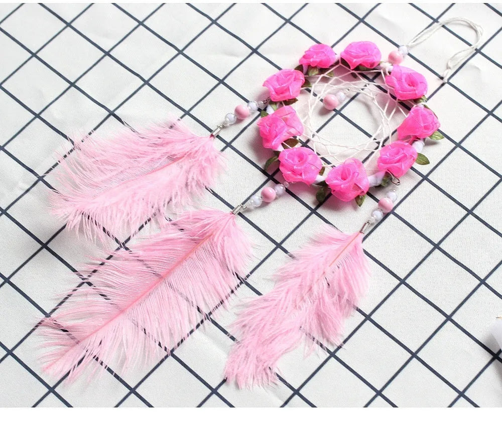 Pink ostrich feather Dreamcatcher Wind Chimes wall decoration in modern simplicity style