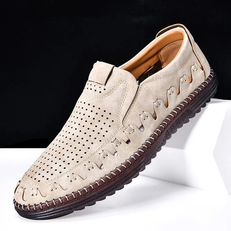 Men's brown slip-on casual shoes with round toe and low-top design for outdoor wear