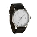 Men's casual quartz watch with 42mm dial, calendar, and matte leather strap in black or brown.