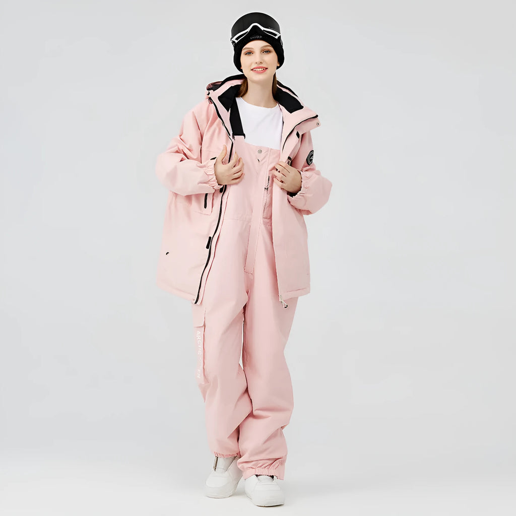 Blue and black two-piece ski suit for men and women on snowy mountain background