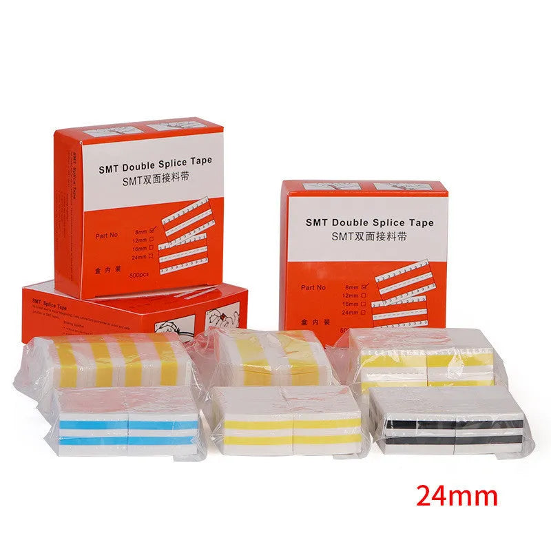 Rolls of yellow, black, blue, and beige SMT double-sided splicing tape in various widths for electronic assembly machines.