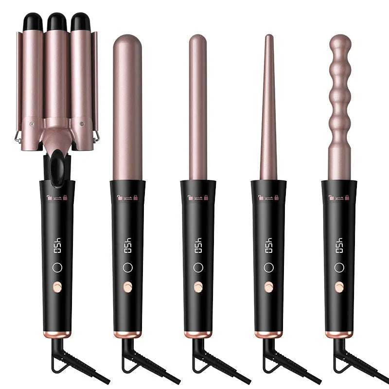 Rose gold five-in-one tube replacement hair curler with LCD screen display and protective gloves