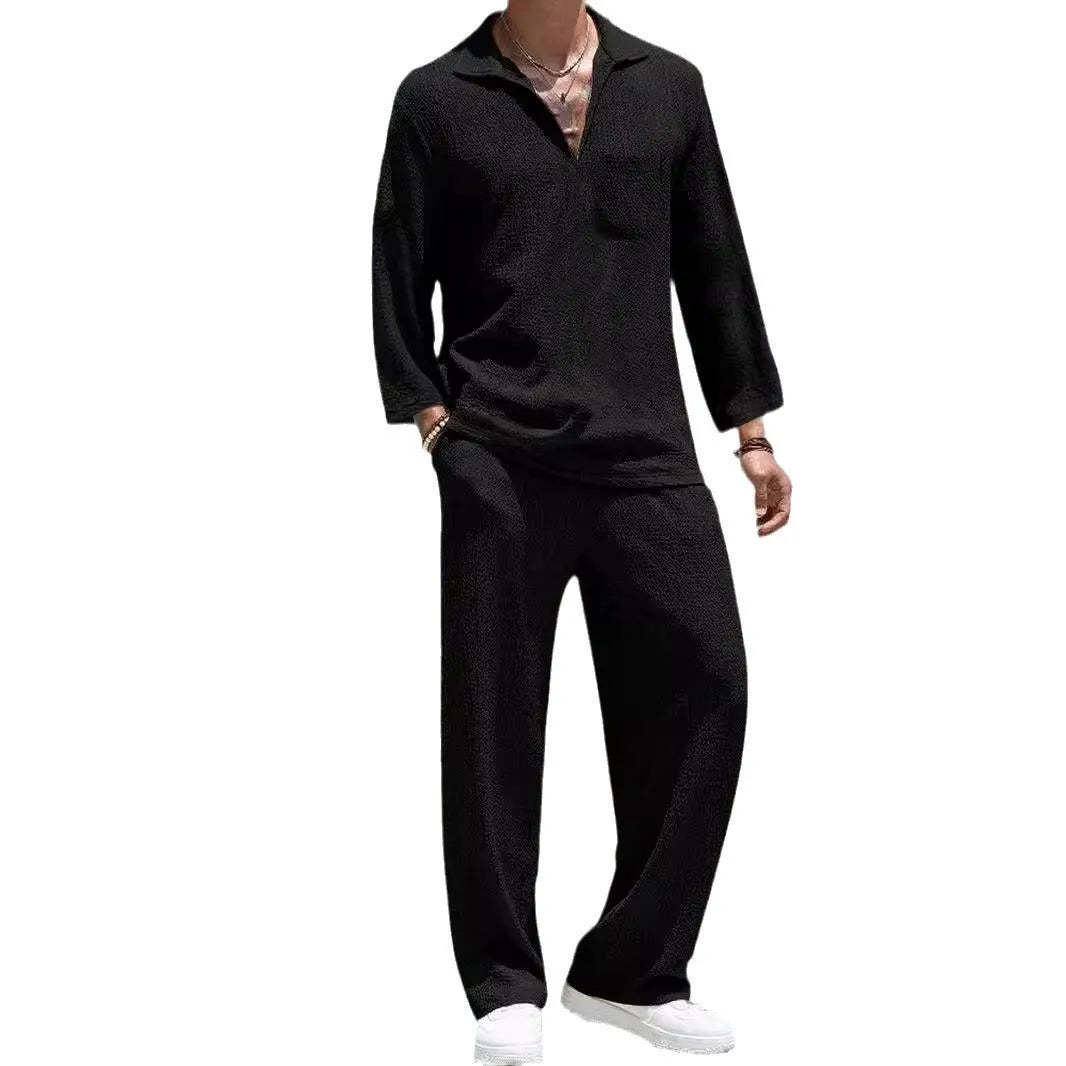 Man wearing a lake blue casual shirt and trouser suit set for commuting.
