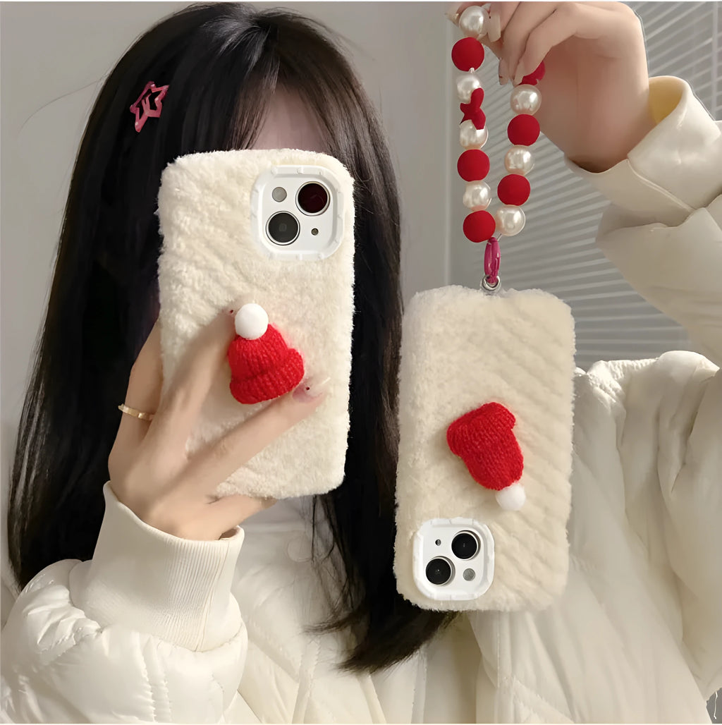 Red silicone phone case with plush Christmas hat bracelet for iPhone 14 Pro Max