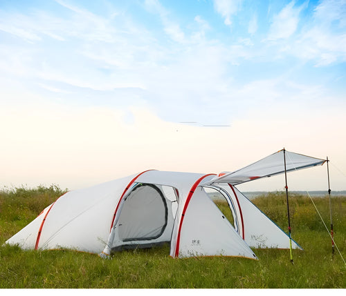 3 person lightweight tunnel tent with aluminum alloy poles and nylon outer in cloud cover colour