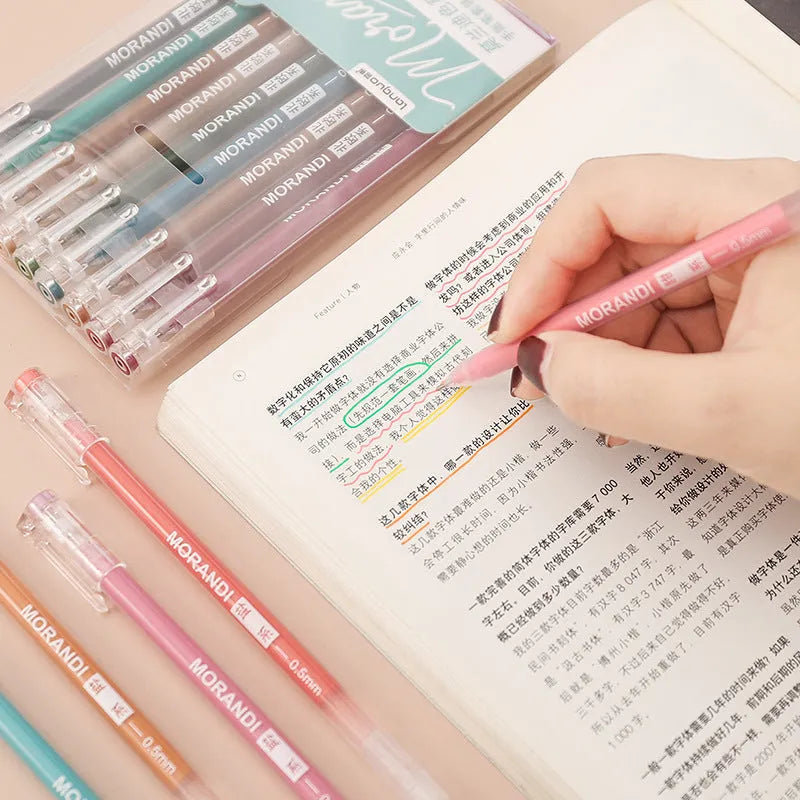 Set of nine retro-style gel pens with 0.5mm needle tips in plastic bodies arranged by colour series