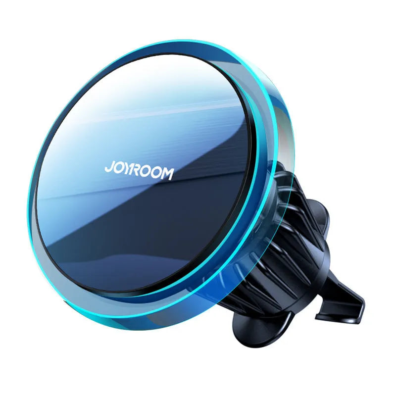 Black magnetic wireless car charger mounted on car air vent with phone attached