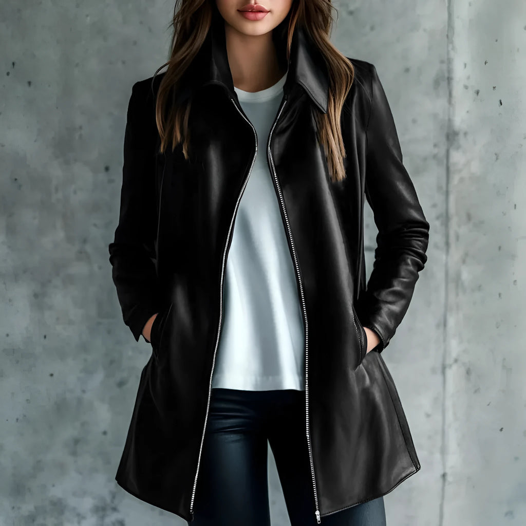 Women's black polyester leather jacket with medium length 65cm cut and long sleeves