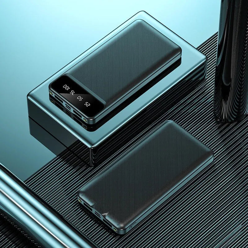 20000 mAh black power bank with charging cable showing compact portable design