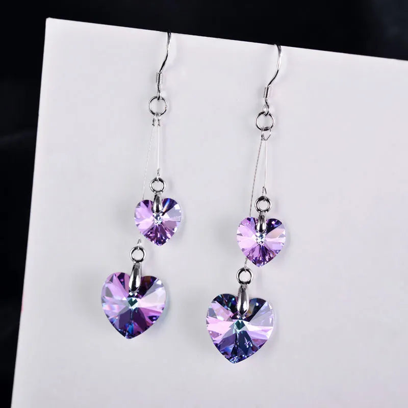 Heart-shaped love bear earrings in electroplated alloy with purple, blue and white inlaid stone options