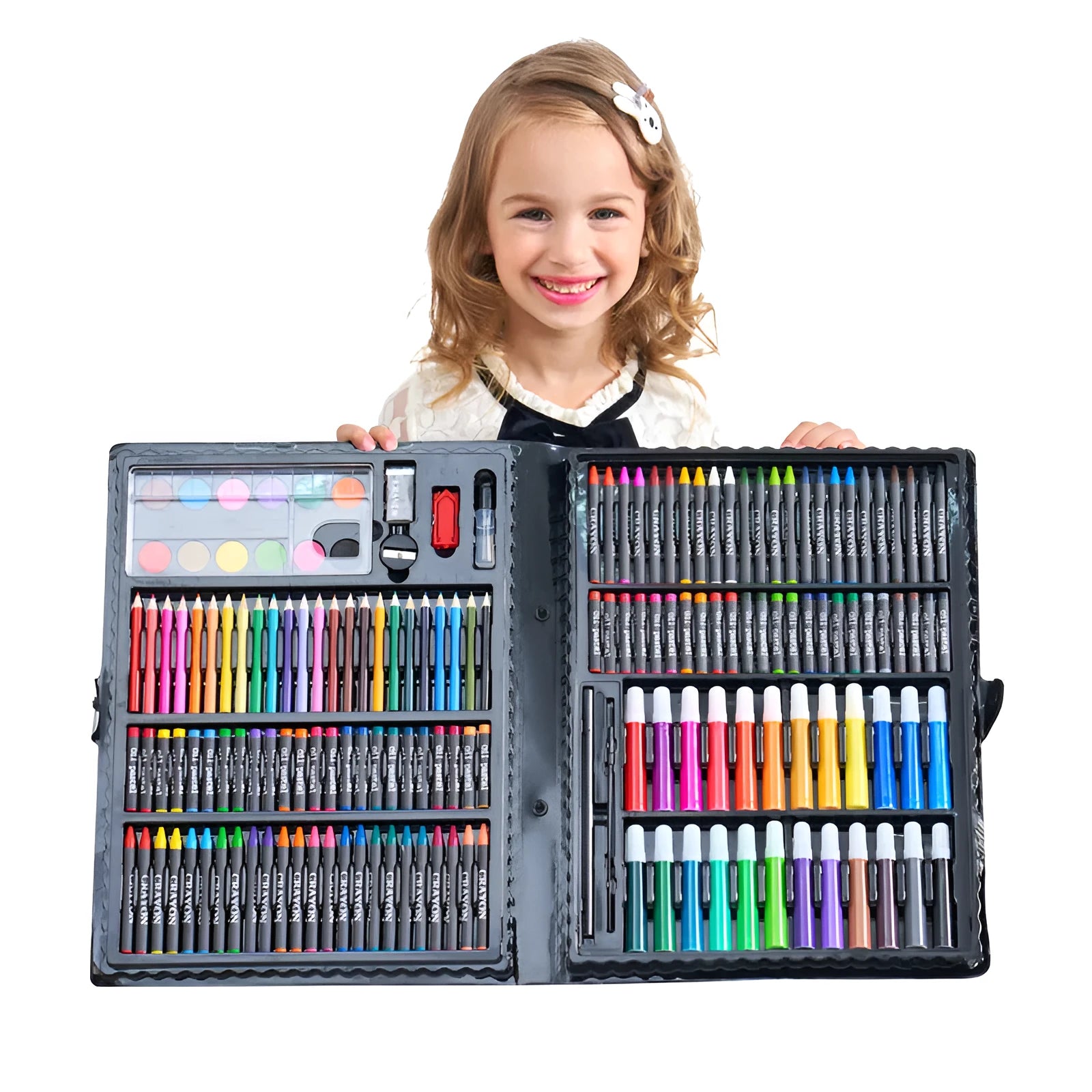 168-piece watercolour pen set in black plastic case with oil pastels and brushes