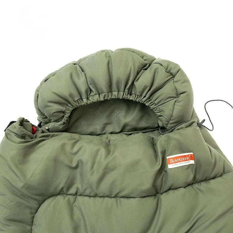 Ochre and olive green portable cotton camping sleeping bag quilt laid out flat.