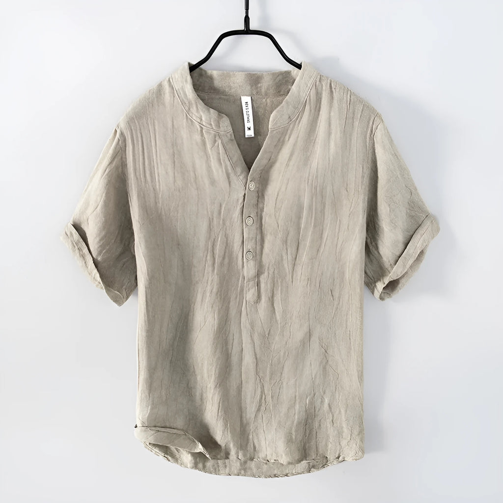 Solid colour linen pullover top with short sleeves shown in grey, khaki and white colour options