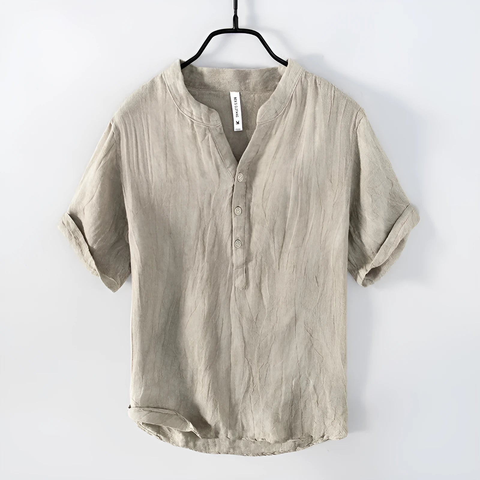 Solid colour linen pullover top with short sleeves shown in grey, khaki and white colour options