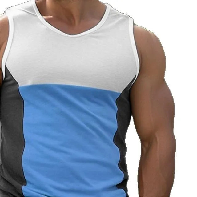 Men's blue sports running vest made from polyester cotton blend fabric