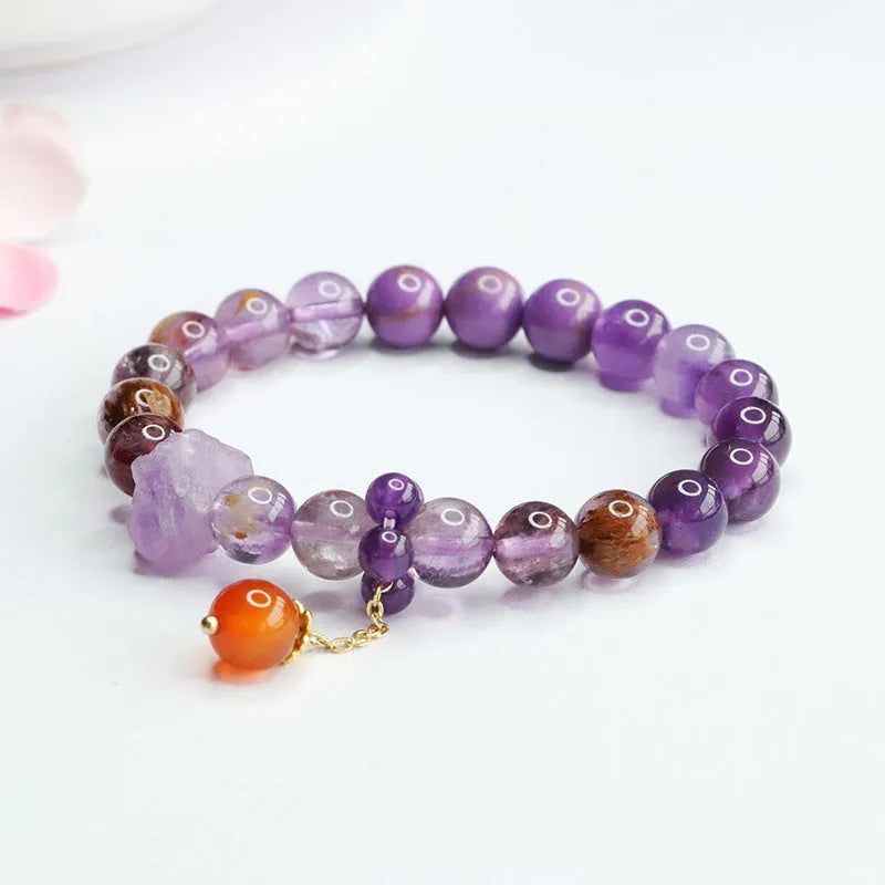 Mori style nine purple fire Duobao crystal bracelet with 8mm amethyst beads and red agate stones