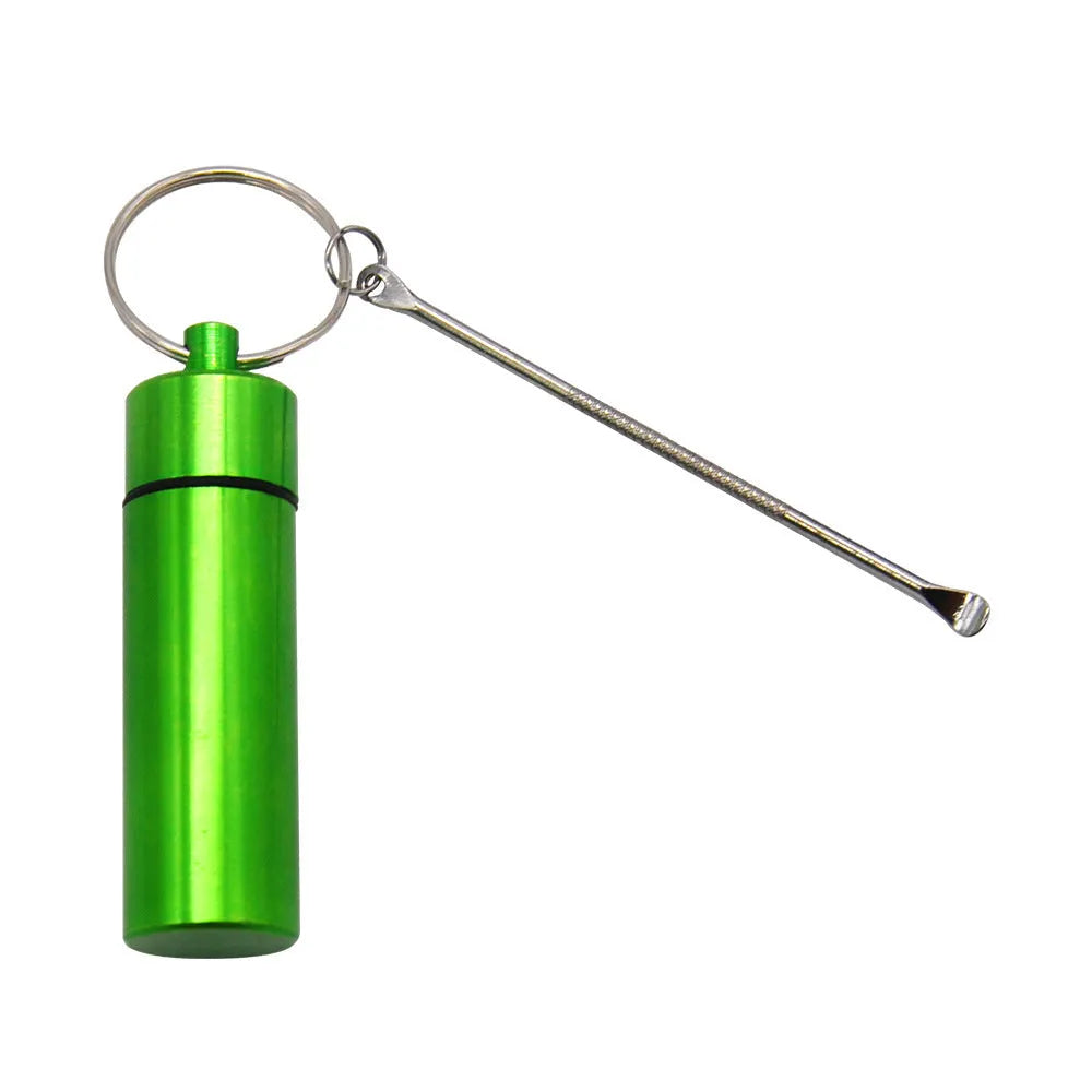 Aluminium portable pill storage bottle with keychain and small spoon in multiple colour options.