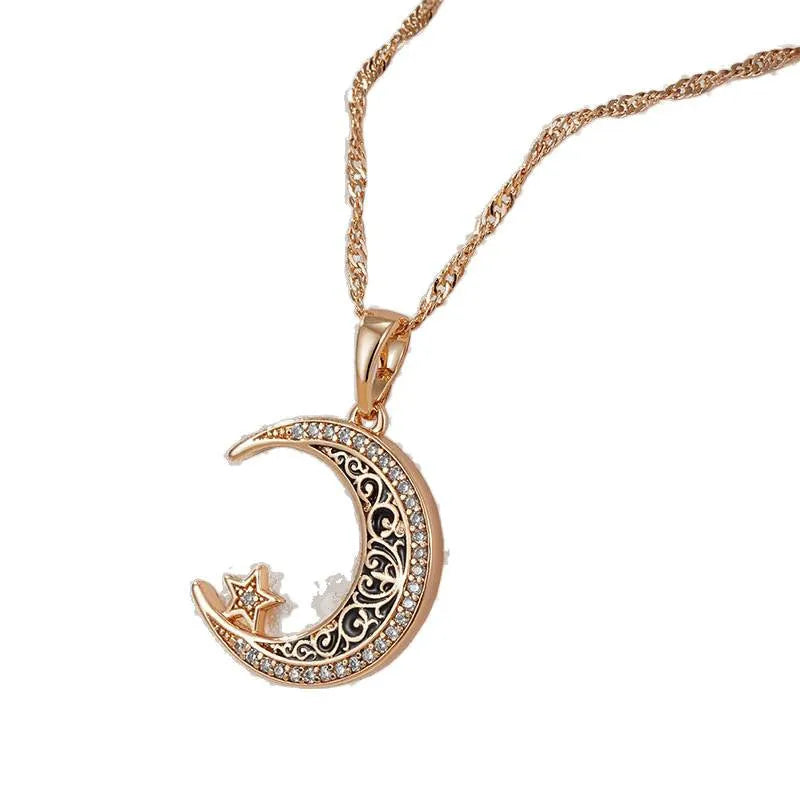Rose gold necklace with star moon zircon pendant on water wave chain