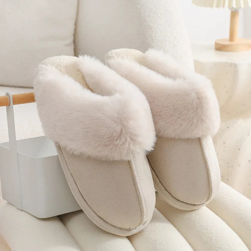 Women's brown plush winter slippers with artificial wool lining and anti-slip PVC sole shown from side view
