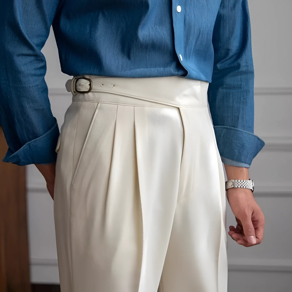 Men's high waist straight leg casual trousers in polyester fabric showing black, brown, khaki and white colour options