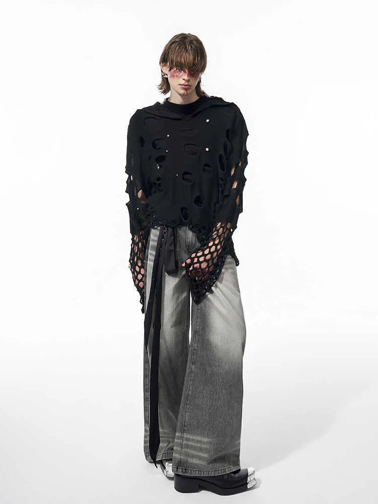 Black men's hoodie with pearl decorations, loose thin material, hood up.