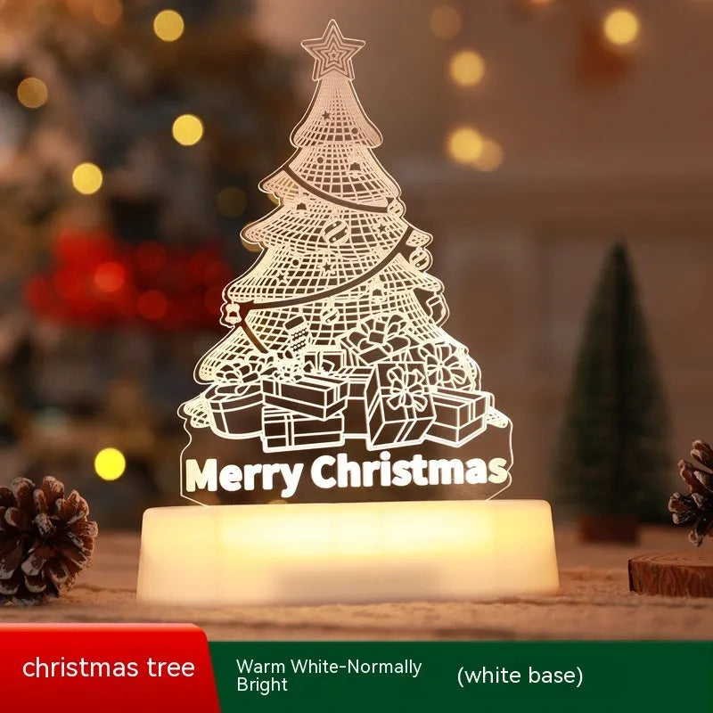 3D acrylic Christmas LED decorative night light showing a choice of festive designs like trees and reindeer.