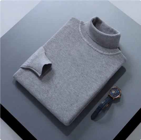 High lapel solid colour casual pullover sweater in beige with long sleeves and loose fit.