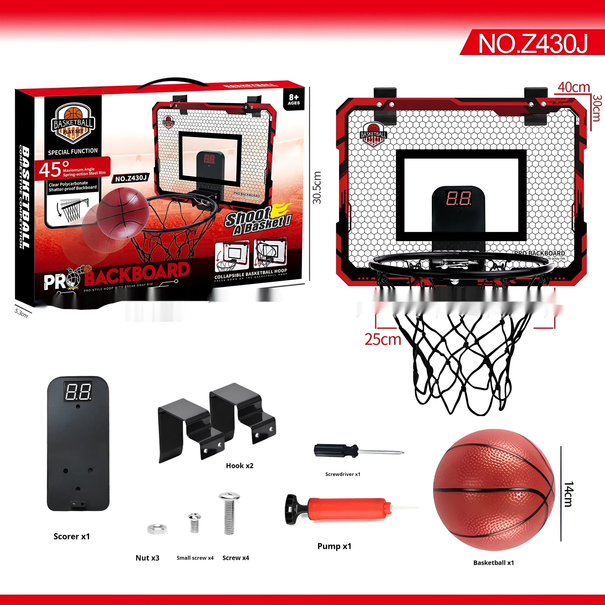 Red and blue folding basketball frame with dunking hoop and ball storage rack, shown with suction cups and hook.