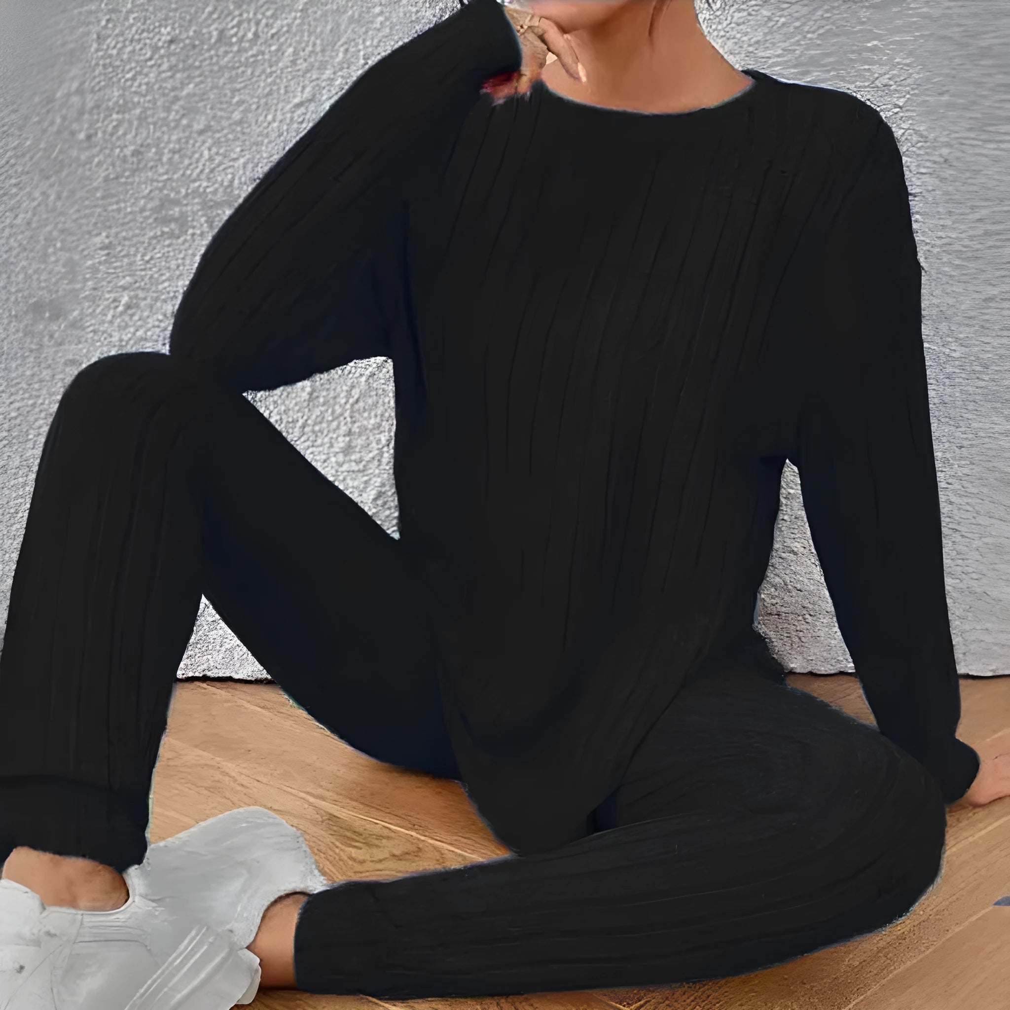 Women's black sunken stripe polyester two-piece homewear set with pants and regular sleeve top