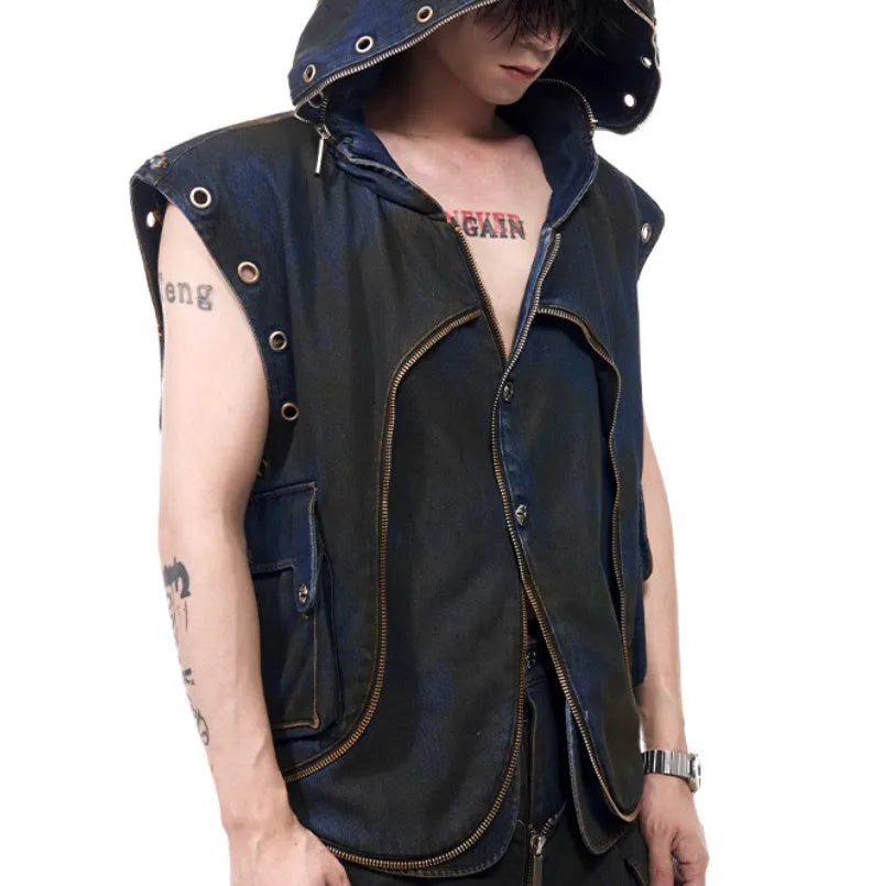 Blue Korean-style hooded denim vest coat with zipper front and matching trousers