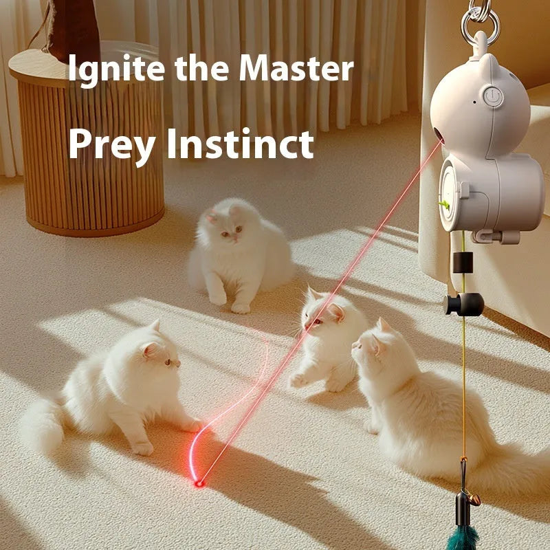 White plastic hanging retractable cat toy with feather attachment for indoor cat play