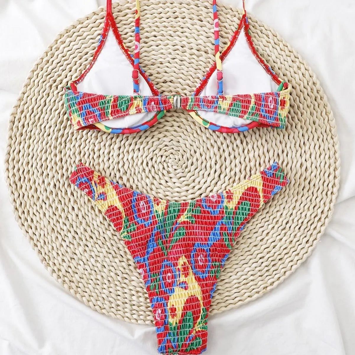 Red floral underwire bikini set with triangle top and briefs bottoms for women's swimming