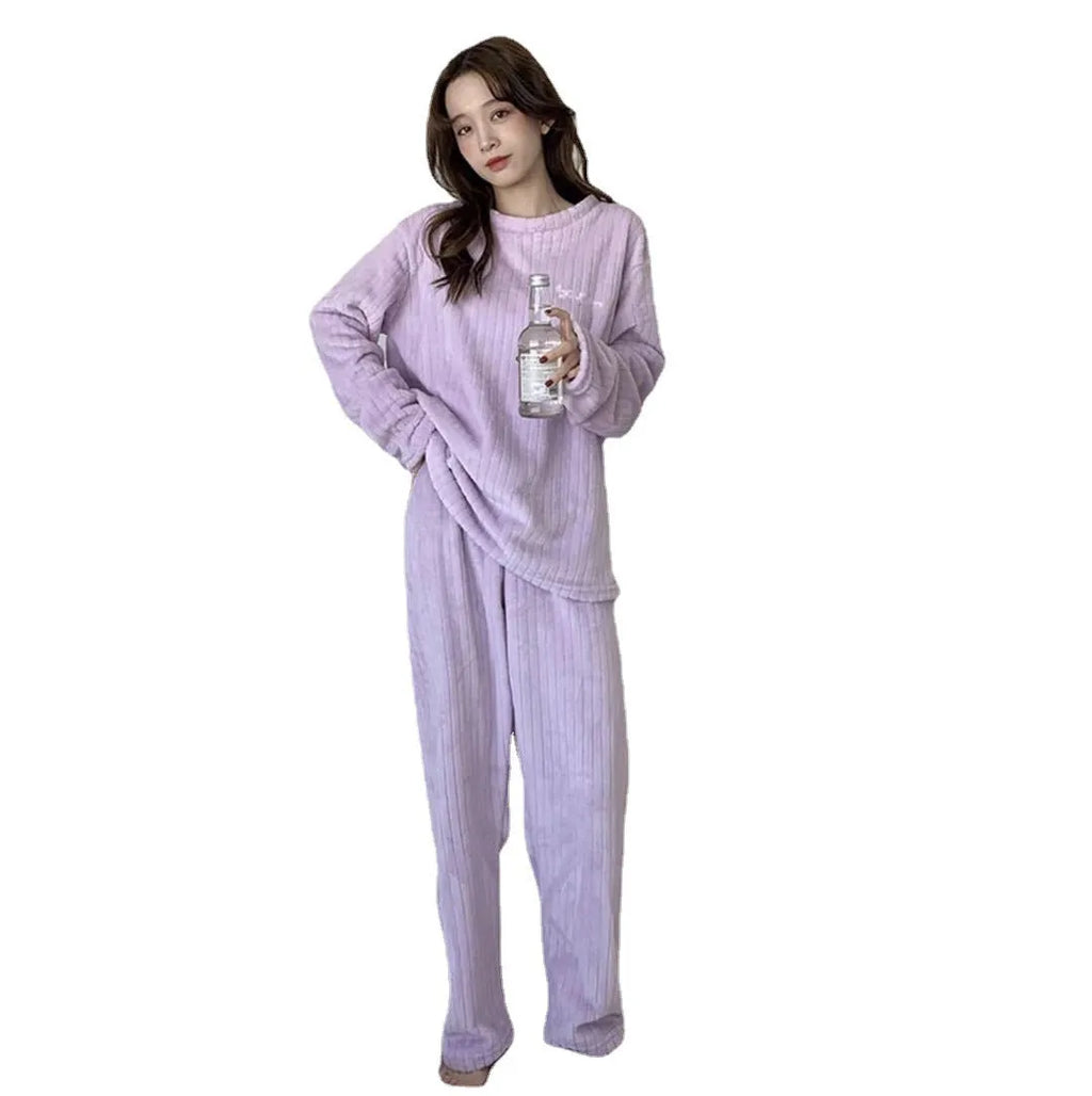 New vertical stripe thickened coral fleece home suit pyjama set in blue, white, purple, gray, dark pink, light pink