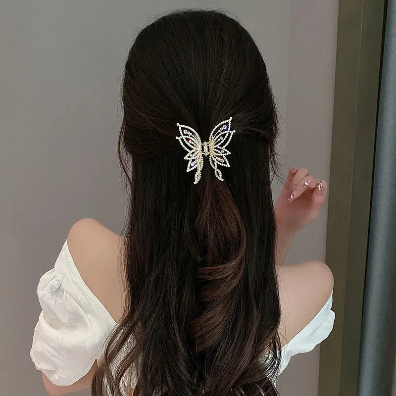 Butterfly-themed alloy hair clip barrette with electroplated finish, either rhinestone or pearl decorative style