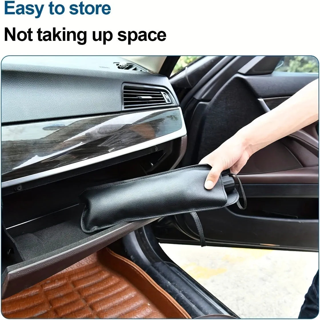 Foldable car windshield sunshade umbrella showing open and folded positions