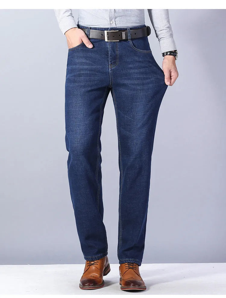 Thickened plush jeans for men in black cotton with medium waist and straight tube leg