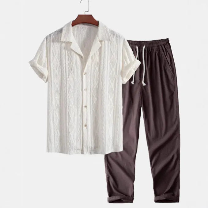 Men's short sleeve shirt and trousers set with camouflage digital print in slim fit
