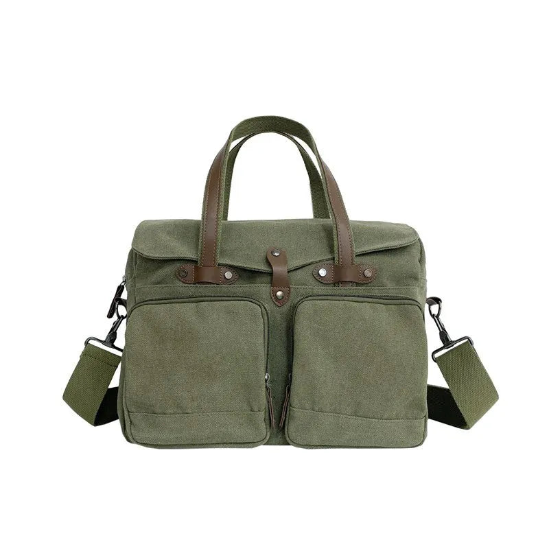 Large capacity canvas men's crossbody bag with multi-compartments, polyester lining, stitching and rivets, black green or khaki