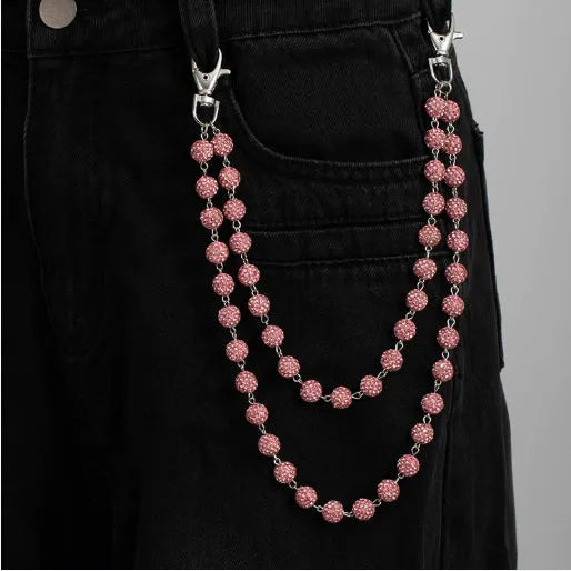 Alloy hip hop waist chain with diamond ball zipper detail, 115cm length, black colour option on display
