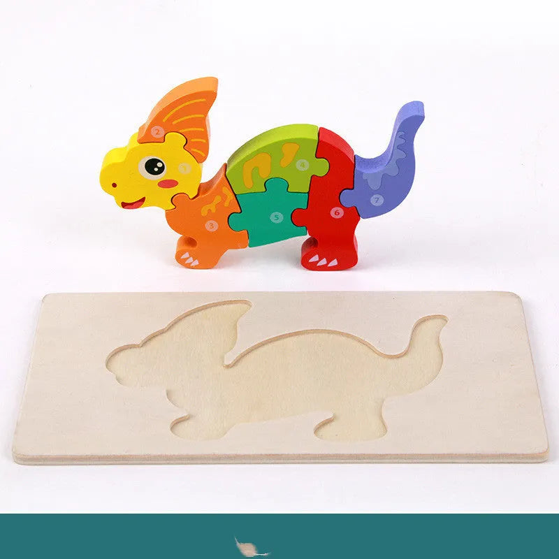Wooden dinosaur 3D puzzle set showing six prehistoric designs for children aged 4-6
