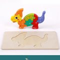 Wooden dinosaur 3D puzzle set showing six prehistoric designs for children aged 4-6