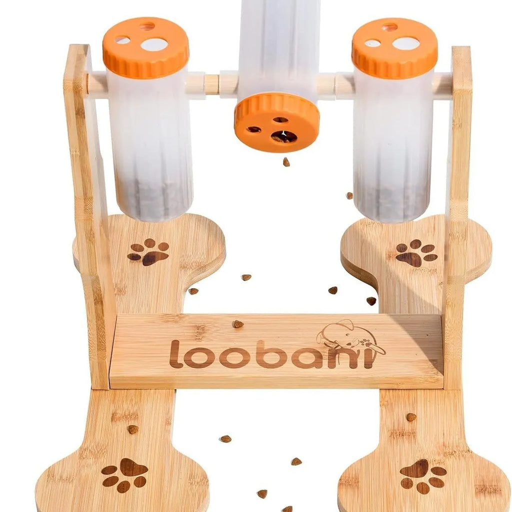 Wooden dog puzzle toy feeder with sliding panels measuring 31x30x20cm in natural wood colour