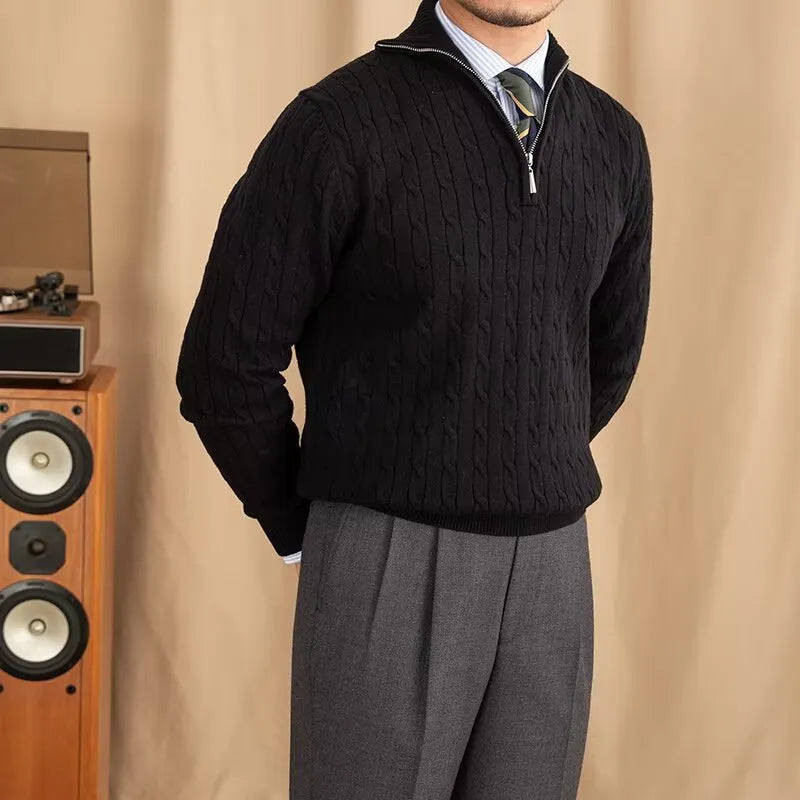 Men's black polyester slim-fit long sleeve sweater on plain backdrop